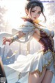 a woman in a white dress holding a sword