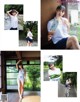 A collage of photos of a woman in a white shirt and blue skirt.