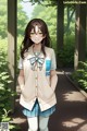 A girl in a school uniform standing in a park.