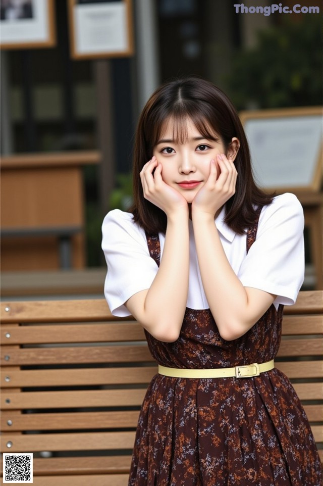 A woman sitting on a bench with her hands on her face.