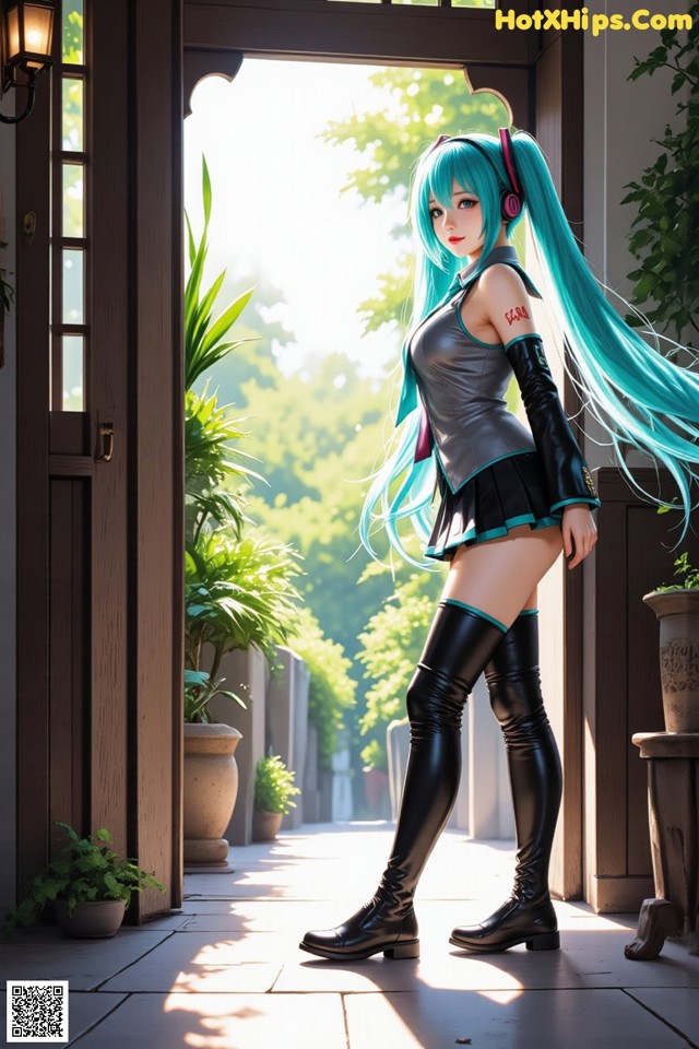 A woman with long blue hair standing in front of a door.