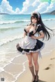 A woman in a maid outfit standing on a beach.