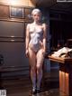 A woman in a white bodysuit standing in a room.