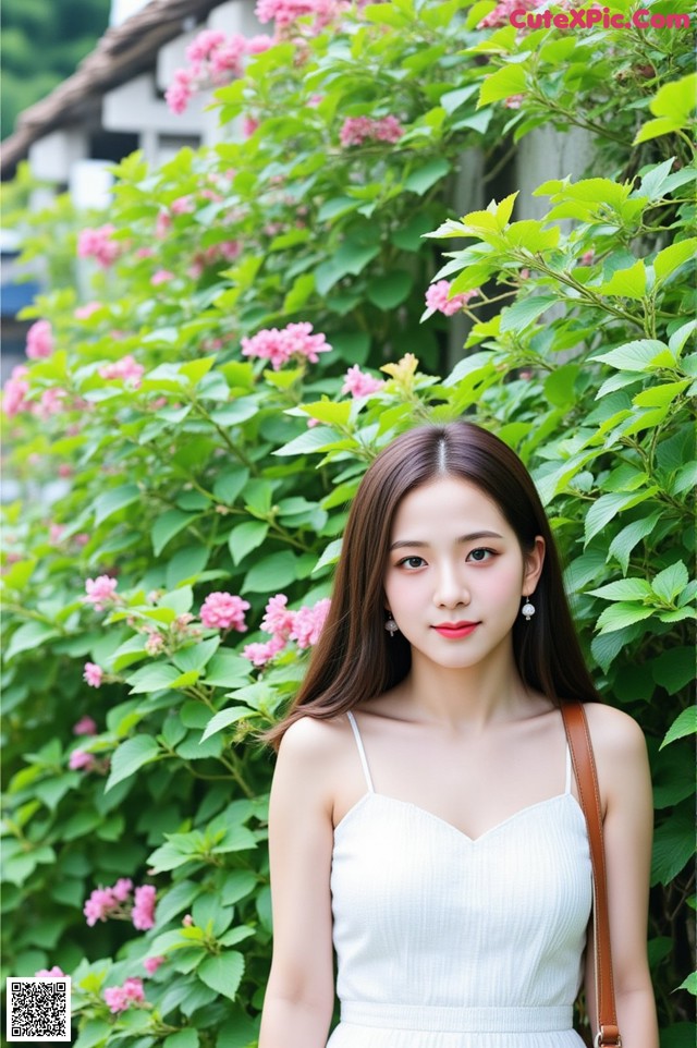 A woman in a white dress standing in front of pink flowers.